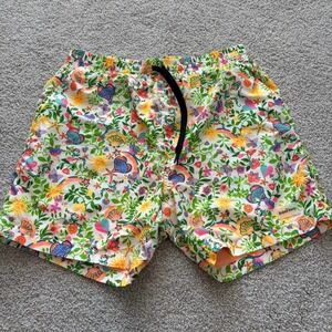 Kulani Kinis Swim Trunks Mens M Green Yellow Colorful Floral Beach Tropical